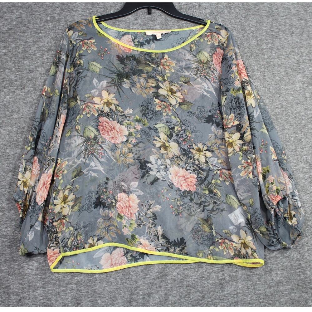 La Fee Maraboutee Floral Top Size 40 US 8 Sheer Lightweight Gray Multi Popover